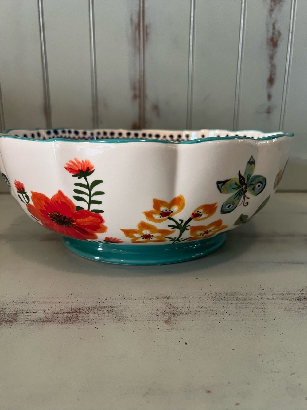 Nathalie Lete Hand-Painted Scalloped Floral Ceramic Serving Bowl - Picture 4 of 9
